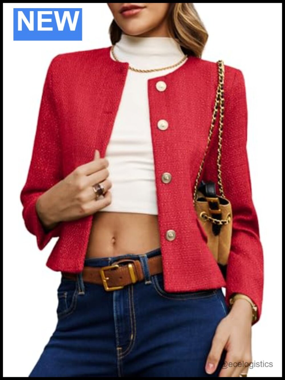 Women's Cropped Tweed Blazer Collarless Button Down Lightweight Jacket